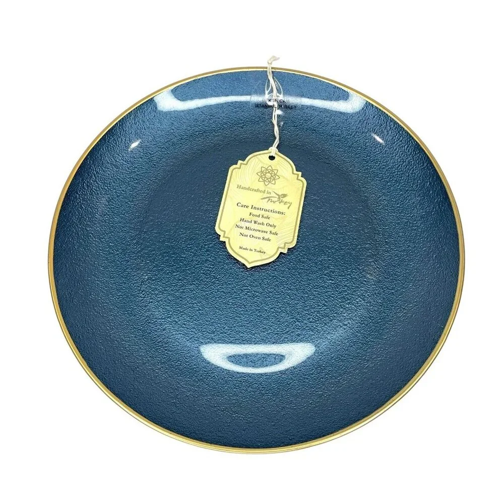 Turkish Glass 4 Entree Dinner Plates Set Blue Textured Gold Rim 11